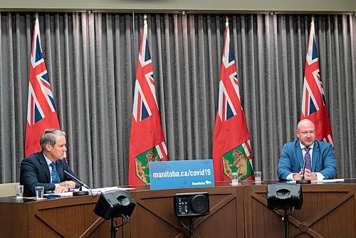 JESSE BOILY  / WINNIPEG FREE PRESS
Dr. Brent Roussin, left, chief provincial public health officer and health, seniors and active living Minister Cameron Friesen gave their COVID-19 update at the legislative building on Thursday. Thursday, Aug. 27, 2020.
Reporter: Larry