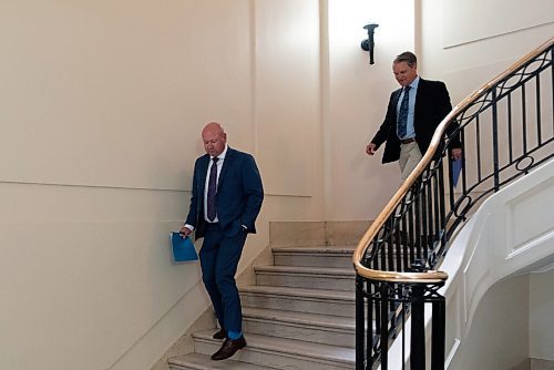 JESSE BOILY  / WINNIPEG FREE PRESS
Dr. Brent Roussin, left, chief provincial public health officer and health, seniors and active living Minister Cameron Friesen gave their COVID-19 update at the legislative building on Thursday. Thursday, Aug. 27, 2020.
Reporter: Larry