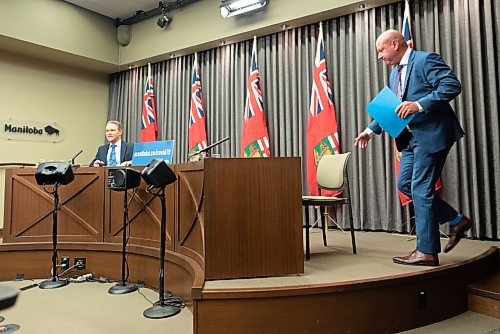 JESSE BOILY  / WINNIPEG FREE PRESS
Dr. Brent Roussin, right, chief provincial public health officer and health, seniors and active living Minister Cameron Friesen gave their COVID-19 update at the legislative building on Thursday. Thursday, Aug. 27, 2020.
Reporter: Larry