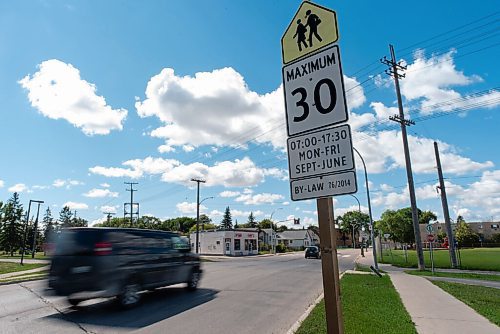 JESSE BOILY  / WINNIPEG FREE PRESS
Cars drive past River Elm School on Talbot Ave. on Friday. The School Zone is one of three school zones that make up 91 per cent of enforcement in the area.  Friday, Aug. 28, 2020.
Reporter: JS