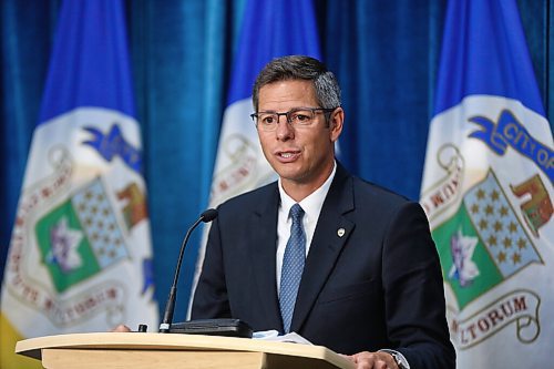 MIKE DEAL / WINNIPEG FREE PRESS
Mayor Brian Bowman speaks during a media availability after the Emergency Meeting of City Council Monday morning. 
200831 - Monday, August 31, 2020