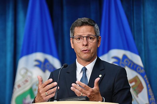 MIKE DEAL / WINNIPEG FREE PRESS
Mayor Brian Bowman speaks during a media availability after the Emergency Meeting of City Council Monday morning. 
200831 - Monday, August 31, 2020