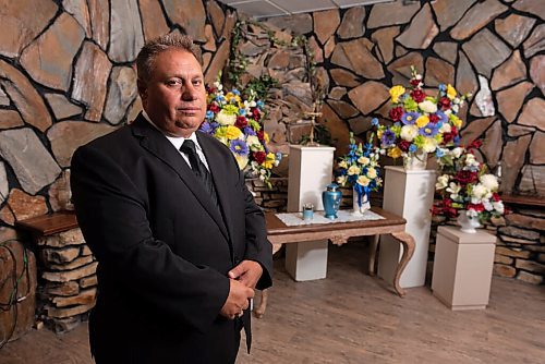 JESSE BOILY  / WINNIPEG FREE PRESS
Michael Vogiatzakis, general manager at Voyage Funeral Home would like to see the people limits change on funeral homes, poses for a photo at the Voyage Funeral Home chapel on Monday. Funeral homes are currently limited to 50 people including the staff at the home. Vogiatzakis said the capacity of the chapel is 250. Monday, Aug. 31, 2020.
Reporter: Kevin