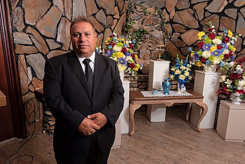 JESSE BOILY  / WINNIPEG FREE PRESS
Michael Vogiatzakis, general manager at Voyage Funeral Home would like to see the people limits change on funeral homes, poses for a photo at the Voyage Funeral Home chapel on Monday. Funeral homes are currently limited to 50 people including the staff at the home. Vogiatzakis said the capacity of the chapel is 250. Monday, Aug. 31, 2020.
Reporter: Kevin
