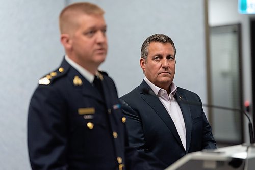 JESSE BOILY  / WINNIPEG FREE PRESS
RCMP Superintendent Michael Koppang, left, and Cliff Cullen, Minister of Justice, speak to media saying, that  several victims from an ongoing criminal matters are being intimidated and threatened, at the RCMP  D Division Headquarters on Wednesday. Wednesday, Sept. 2, 2020.
Reporter: JS