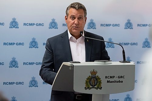 JESSE BOILY  / WINNIPEG FREE PRESS
Cliff Cullen, Minister of Justice, speaks to media saying, that  several victims from an ongoing criminal matters are being intimidated and threatened, at the RCMP  D Division Headquarters on Wednesday. Wednesday, Sept. 2, 2020.
Reporter: JS
