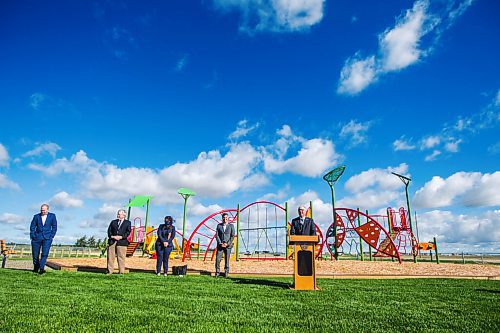 MIKAELA MACKENZIE / WINNIPEG FREE PRESS

St. James councillor Scott Gillingham speaks as St. James Assiniboia Minor Baseball Association representative Brad Peacock (left), Assiniboia MLA Scott Johnston, councillor Sherri Rollins, mayor Brian Bowman listen at a ribbon cutting for the Optimist Park expansion in Winnipeg on Thursday, Sept. 3, 2020. For Joyanne story.
Winnipeg Free Press 2020.