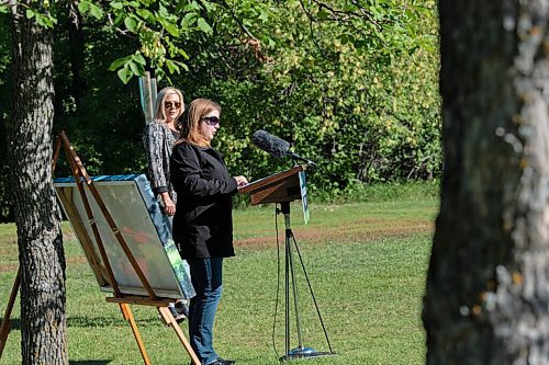 JESSE BOILY  / WINNIPEG FREE PRESS
Conservation and Climate Minister Sarah Guillemard, left, and Municipal Relations Minister Rochelle Squires speak to media about the $325,000 investment  to enhance the trail network in the Whiteshell Provincial Park, at Kings Park on Friday. Two bridges previously in Kings Park have been repurposed and installed at Hansons Creek and Cabi Lake in the Whiteshell.  Friday, Sept. 4, 2020.
Reporter: Abas