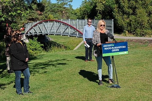 JESSE BOILY  / WINNIPEG FREE PRESS
Conservation and Climate Minister Sarah Guillemard, Municipal Relations Minister Rochelle Squires, Erik Dickson, board president of Trails Manitoba, and Jeana Manning, principal of Pier Solutions speak to media about the $325,000 investment  to enhance the trail network in the Whiteshell Provincial Park, at Kings Park on Friday. Two bridges previously in Kings Park have been repurposed and installed at Hansons Creek and Cabi Lake in the Whiteshell.  Friday, Sept. 4, 2020.
Reporter: Abas