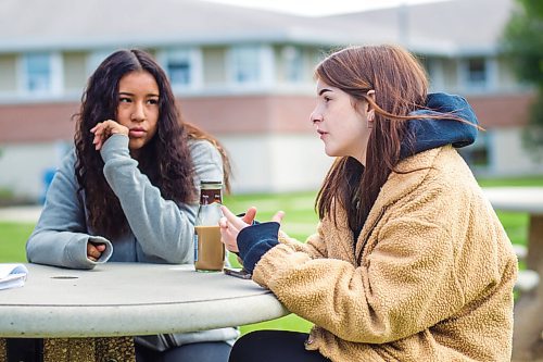 MIKAELA MACKENZIE / WINNIPEG FREE PRESS

Grade 10 students Bailey Gardner (left) and Nikki MacDonald speak to the Free Press on their first day of school at Windsor Park Collegiate in Winnipeg on Tuesday, Sept. 8, 2020. For Maggie story.
Winnipeg Free Press 2020.