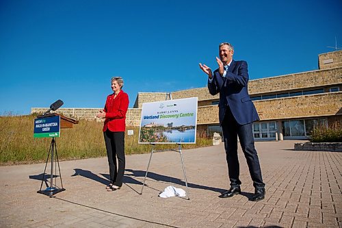 MIKE DEAL / WINNIPEG FREE PRESS
Karla Guyn, CEO of Ducks Unlimited Canada and Premier Brian Pallister reveal the new name of the centre after the announcement that the Manitoba government has established a $6 million endowment with the Interlake Community Foundation to support the Oak Hammock Marsh Interpretive Centre. The centre has now been renamed the Harry J. Enns Wetland Discovery Centre by Ducks Unlimited Canada.
200910 - Thursday, September 10, 2020.