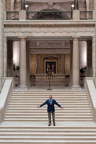JESSE BOILY  / WINNIPEG FREE PRESS
Bill Elliott celebrates his Order of Manitoba on the grand stairway in the Legislative building on Thursday. Twelve Manitobans were inducted into the Order of Manitoba, the provinces highest honour.  Thursday, Sept. 10, 2020.
Reporter: Standup