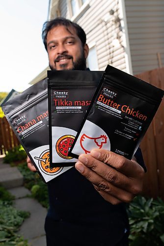 JESSE BOILY  / WINNIPEG FREE PRESS
Ashish Selvanathan, owner of Cheeky Foods, shows some of his products at his mothers garden on Friday. Friday, Sept. 11, 2020.
Reporter: Dave Sanderson