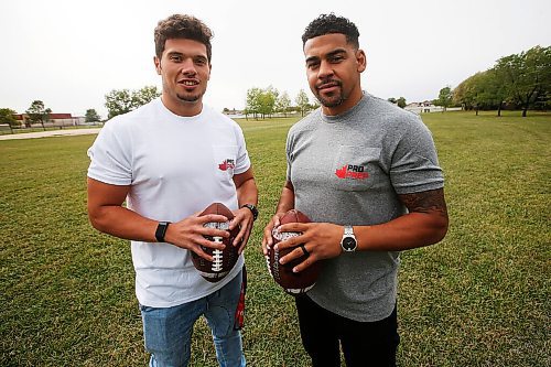 JOHN WOODS / WINNIPEG FREE PRESS
Andrew Harris, right, and DJ Lalama are photographed in Winnipeg Tuesday, September 15, 2020. The CFL players are collaborating on a new flag football league in the city. 

Reporter: Sawatzky