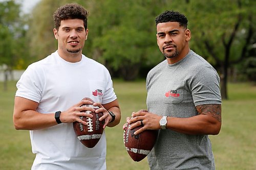 JOHN WOODS / WINNIPEG FREE PRESS
Andrew Harris, right, and DJ Lalama are photographed in Winnipeg Tuesday, September 15, 2020. The CFL players are collaborating on a new flag football league in the city. 

Reporter: Sawatzky