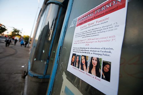 JOHN WOODS / WINNIPEG FREE PRESS
A sign is posted as family and friends search for Katelyn Fontaine along Main St in Winnipeg Thursday, September 17, 2020. Fontaine was last in contact with family on September 3.

Reporter: ?