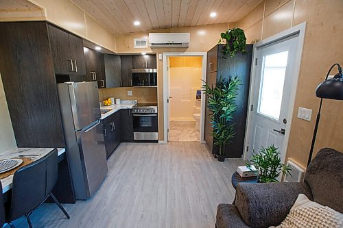 MIKE DEAL / WINNIPEG FREE PRESS
The kitchen and front door in the 379sqft Micro Mezzo that Mezzo Homes produce in their construction facility in Selkirk, MB.
200924 - Thursday, September 24, 2020.