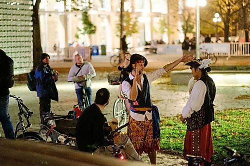 Mike Sudoma / Winnipeg Free Press
Pirates gather around the Cube stage in the Exchange District after hosting a small bike jam Saturday evening
September 26, 2020