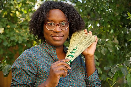 MIKE DEAL / WINNIPEG FREE PRESS
Amina Haswell recently started a home based broom making business, Prairie Breeze Folk Arts Studio, and was due to make her vendor debut at the Folk Fest this year. 
She makes all kinds of brooms - whisks, cobweb brooms, fireplace brooms, yer basic sweep-the-kitchen brooms  she also makes traditional wedding brooms, and currently has a line of brooms made especially for Halloween - bippity boppity brooms.
See David Sanderson story
201002 - Friday, October 02, 2020.