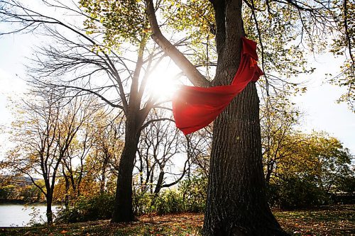 JOHN WOODS / WINNIPEG FREE PRESS
A red dress swings in the wind placed for Murdered and Missing Indigenous Women and Girls (MMIWG) on Red Dress Day at the Forks in Winnipeg Sunday, October 4, 2020. 

Reporter: Katie