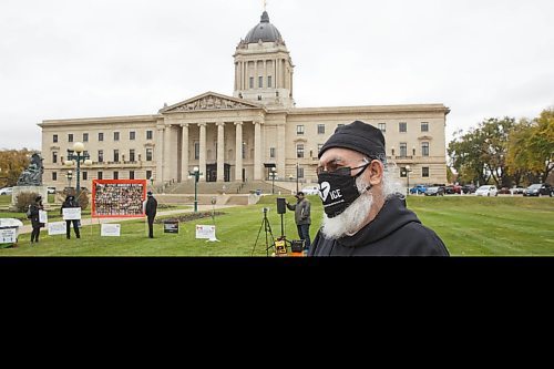 MIKE DEAL / WINNIPEG FREE PRESS
Kourosh Doustshenas whose fiancee, Forough Khadem, was one of the victims on flight PS752, at the Justice for PS 752 rally at the Manitoba Legislative building Monday morning which was part of a worldwide rally happening at the same time. 
201005 - Monday, October 05, 2020.