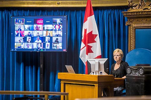 MIKAELA MACKENZIE / WINNIPEG FREE PRESS

Speaker Myrna Driedger runs through how tomorrow's semi-virtual throne speech will work, with many MLAs video-conferencing in on screens, at the Manitoba Legislative Building in Winnipeg on Tuesday, Oct. 6, 2020. For Larry Kusch story.

Winnipeg Free Press 2020