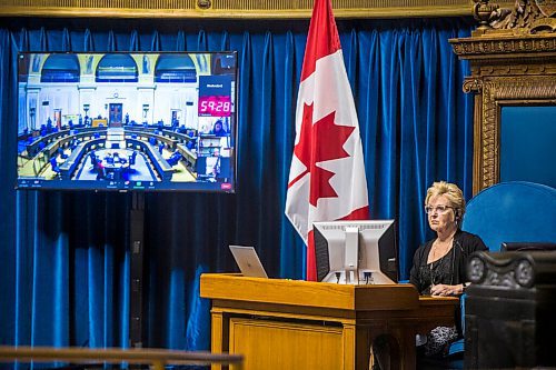 MIKAELA MACKENZIE / WINNIPEG FREE PRESS

Speaker Myrna Driedger runs through how tomorrow's semi-virtual throne speech will work, with many MLAs video-conferencing in on screens, at the Manitoba Legislative Building in Winnipeg on Tuesday, Oct. 6, 2020. For Larry Kusch story.

Winnipeg Free Press 2020