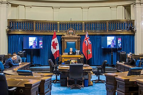 MIKAELA MACKENZIE / WINNIPEG FREE PRESS

Speaker Myrna Driedger runs through how tomorrow's semi-virtual throne speech will work, with many MLAs video-conferencing in on screens, at the Manitoba Legislative Building in Winnipeg on Tuesday, Oct. 6, 2020. For Larry Kusch story.

Winnipeg Free Press 2020