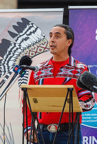 MIKE DEAL / WINNIPEG FREE PRESS
Assembly of Manitoba Chiefs Grand Chief Arlen Dumas speaks during an announcement that the AMC and First Nations Family Advocate Office are going to hold an ongoing relay fast outside the Manitoba Legislature to oppose a clause in the PC governments Budget Implementation Tax Statutes Act. Dumas and members of the Manitoba NDP and Manitoba Liberal party attend offering their support in denouncing section 84 of Bill 34, which would give the PC government legal protection against current, future and retroactive lawsuits regarding the clawback of Child and Family Services Childrens Special Allowance between 2005 and 2019. There is currently a $338 million lawsuit filed by First Nations children in care. They have said that the fast will continue until a decision on the bill is made.
201007 - Wednesday, October 07, 2020.