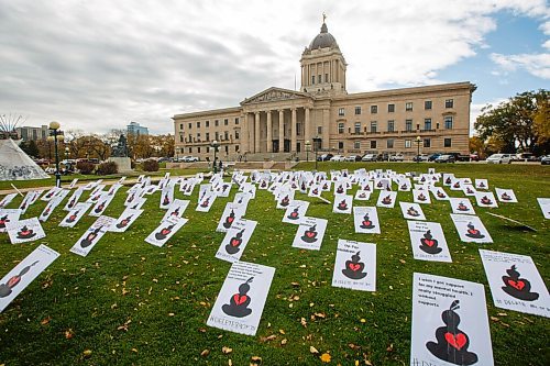 MIKE DEAL / WINNIPEG FREE PRESS
Around five hundred signs have been placed on the grounds of the Manitoba Legislative building during a protest being held by the Assembly of Manitoba Chiefs and First Nations Family Advocate Office. They are announcing that they are going to hold an ongoing relay fast outside the Manitoba Legislature to oppose a clause in the PC governments Budget Implementation Tax Statutes Act. Dumas and members of the Manitoba NDP and Manitoba Liberal party attend offering their support in denouncing section 84 of Bill 34, which would give the PC government legal protection against current, future and retroactive lawsuits regarding the clawback of Child and Family Services Childrens Special Allowance between 2005 and 2019. There is currently a $338 million lawsuit filed by First Nations children in care. They have said that the fast will continue until a decision on the bill is made.
201007 - Wednesday, October 07, 2020.