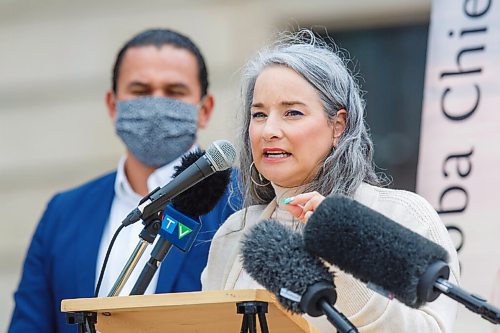 MIKE DEAL / WINNIPEG FREE PRESS
Manitoba NDP MLA Nahanni Fontaine speaks during an announcement that the Assembly of Manitoba Chiefs and First Nations Family Advocate Office are going to hold an ongoing relay fast outside the Manitoba Legislature to oppose a clause in the PC governments Budget Implementation Tax Statutes Act. Dumas and members of the Manitoba NDP and Manitoba Liberal party attend offering their support in denouncing section 84 of Bill 34, which would give the PC government legal protection against current, future and retroactive lawsuits regarding the clawback of Child and Family Services Childrens Special Allowance between 2005 and 2019. There is currently a $338 million lawsuit filed by First Nations children in care. They have said that the fast will continue until a decision on the bill is made.
201007 - Wednesday, October 07, 2020.