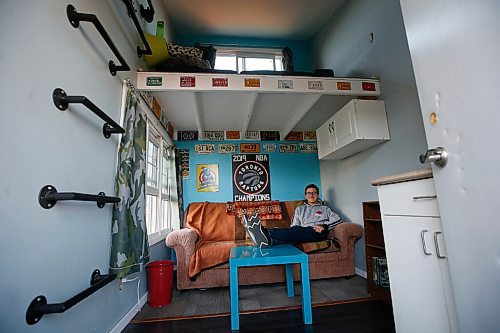 JOHN WOODS / WINNIPEG FREE PRESS
Noah Jonker, 15, is photographed inside the 8x12ft. or 96 sq. ft. (8.92 m. sq.) tiny house he built in his back yard in Springfield Wednesday, October 7, 2020. 

Reporter: Kellen