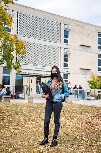 MIKAELA MACKENZIE / WINNIPEG FREE PRESS

Shamailah Islam poses for a portrait in front of Fort Richmond Collegiate in Winnipeg on Thursday, Oct. 8, 2020. For Maggie Macintosh story.

Winnipeg Free Press 2020