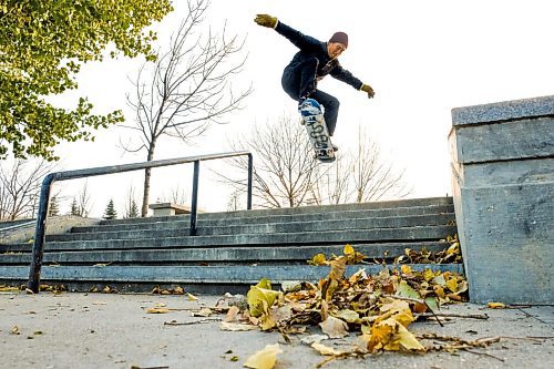 Daniel Crump / Winnipeg Free Press. Everett Polanski does an ollie on a six set at the Forks skate park. October 17, 2020.