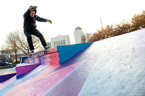 Daniel Crump / Winnipeg Free Press. Everett Polanski does a tailslide at the Forks skate park. October 17, 2020.