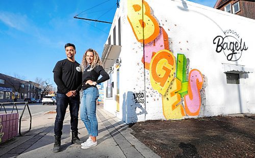 RUTH BONNEVILLE / WINNIPEG FREE PRESS

BIZ - Hudson's Bagels on Sherbrook

Photo Hudson Bagels owners, Jessica Wylychenko and her partner Chris Silva outside their bagel business on Sherbrook just prior to its opening day, Thursday. 

See Ben Waldman's story.  

Oct 22nd,  2020