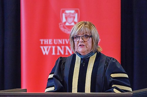 MIKE DEAL / WINNIPEG FREE PRESS
Barb Gamey, UofW's new Chancellor, speaks during the University of Winnipeg's online convocation for students Thursday afternoon in Convocation Hall located in the iconic Wesley Hall building. 
201022 - Thursday, October 22, 2020.