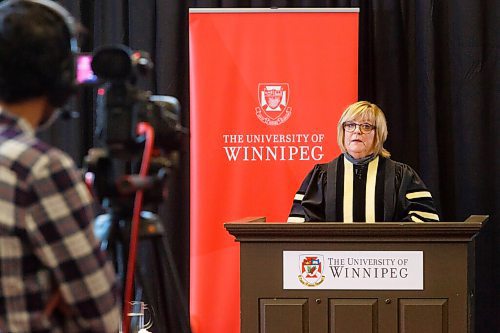 MIKE DEAL / WINNIPEG FREE PRESS
Barb Gamey, UofW's new Chancellor, speaks during the University of Winnipeg's online convocation for students Thursday afternoon in Convocation Hall located in the iconic Wesley Hall building. 
201022 - Thursday, October 22, 2020.