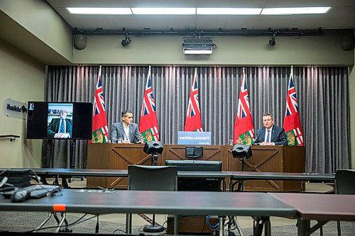 MIKAELA MACKENZIE / WINNIPEG FREE PRESS

Executive director for Manitoba Corrections Greg Skelly (left), Dr. Jazz Atwal, and justice minister Cliff Cullen speak at a press conference at the Manitoba Legislative Building in Winnipeg on Monday, Oct. 26, 2020. For Carol Sanders story.

Winnipeg Free Press 2020