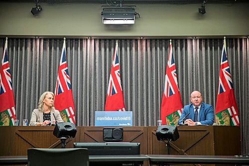 MIKAELA MACKENZIE / WINNIPEG FREE PRESS

Dr. Brent Roussin, chief provincial public health officer and Lanette Siragusa, chief nursing officer, speak about the latest COVID-19 numbers in a press conference at the Manitoba Legislative Building in Winnipeg on Monday, Oct. 26, 2020. For Danielle Da Silva story.

Winnipeg Free Press 2020