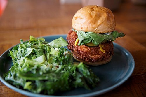 MIKE DEAL / WINNIPEG FREE PRESS
Deer + Almond, 85 Princess Street, has re-opened and are taking lunch order's for pick up.
Fried Chicken sandwich with the Everything Green salad.
See Alison Gillmor story
201029 - Thursday, October 29, 2020.