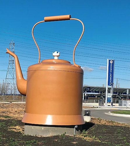 Canstar Community News A copper kettle denoting what was once known as Rooster Town is one of the pieces of public art situated along the active transportation trail of the Southwest Transitway.