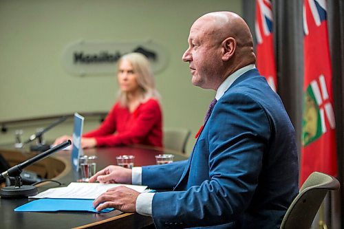 MIKAELA MACKENZIE / WINNIPEG FREE PRESS

Dr. Brent Roussin, chief provincial public health officer, and Lanette Siragusa, chief nursing officer, speak at a press conference at the Manitoba Legislative Building in Winnipeg on Monday, Nov. 2, 2020. For Danielle Da Silva story.

Winnipeg Free Press 2020