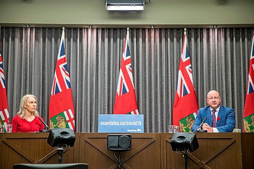 MIKAELA MACKENZIE / WINNIPEG FREE PRESS

Dr. Brent Roussin, chief provincial public health officer, and Lanette Siragusa, chief nursing officer, speak at a press conference at the Manitoba Legislative Building in Winnipeg on Monday, Nov. 2, 2020. For Danielle Da Silva story.

Winnipeg Free Press 2020