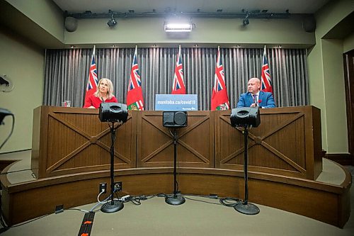 MIKAELA MACKENZIE / WINNIPEG FREE PRESS

Dr. Brent Roussin, chief provincial public health officer, and Lanette Siragusa, chief nursing officer, speak at a press conference at the Manitoba Legislative Building in Winnipeg on Monday, Nov. 2, 2020. For Danielle Da Silva story.

Winnipeg Free Press 2020