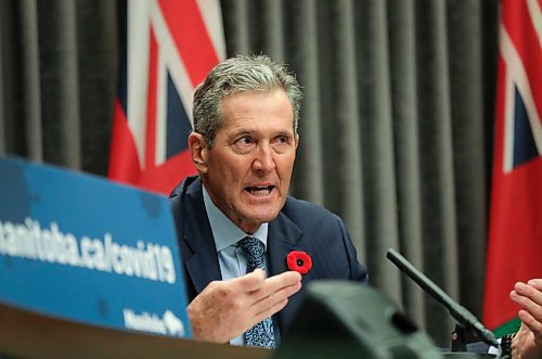 RUTH BONNEVILLE / WINNIPEG FREE PRESS

Local - Pallister COVID update 

Premier Brian Pallister answers questions from the media during press briefing at the Manitoba Legislative Building Tuesday. 

Nov 3rd,,  2020