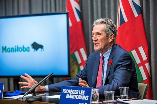 MIKAELA MACKENZIE / WINNIPEG FREE PRESS

Premier Brian Pallister speaks to the media about additional enforcement measures designed to curb the spread of COVID-19 at the Manitoba Legislative Building in Winnipeg on Thursday, Nov. 5, 2020. For Carol Sanders story.

Winnipeg Free Press 2020