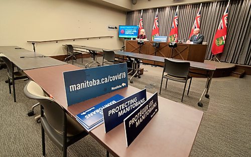 Mike Sudoma / Winnipeg Free Press
Covid 19 signage sit on a table as Dr Brent Roussin and Chief Provincial Health Officer, Lanette Siragusa update Manitobans on the current Covid 19 statistics and restrictions from the Manitoba Legislative Building Friday afternoon.
November 6, 2020