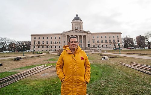 Mike Sudoma / Winnipeg Free Press
Cora Morgan, organizer of the team fast held at the Manitoba Legislative grounds, stands where two big tipis were placed in protest to Manitoba Legislations Bill 2. Now that the bill has passed, Coras team have taken the tipis down off of the legislation grounds
 November 6, 2020