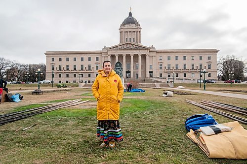 Mike Sudoma / Winnipeg Free Press
Cora Morgan, organizer of the team fast held at the Manitoba Legislative grounds, stands where two big tipis were placed in protest to Manitoba Legislations Bill 2. Now that the bill has passed, Coras team have taken the tipis down off of the legislation grounds
 November 6, 2020